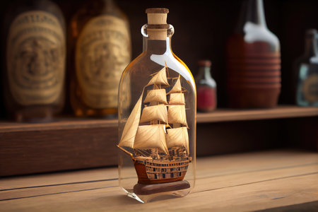realistic ship model in bottle, with detailed craft and sails, sitting on wooden dock, created with generative aiの素材