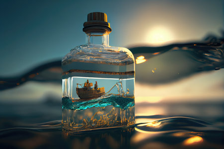 ship model, floating in bottle of clear water, with sunlight shining through, created with generative aiの素材