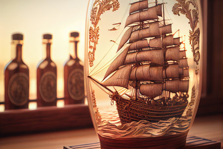 classic wooden sailing ship with intricate details and rigging in a bottle, created with generative aiの素材