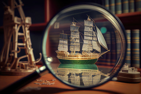 ship model being viewed through magnifying glass in a lab setting, created with generative aiの素材
