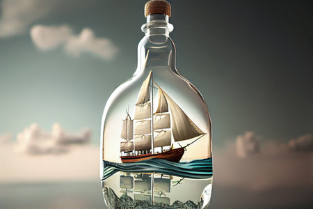 ship model navigating calm, serene waters in bottle, created with generative aiの素材