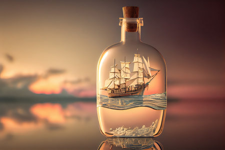 ship model navigating calm, serene waters in bottle, created with generative aiの素材