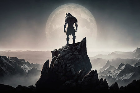 werewolf standing on mountaintop, surveying the land below, created with generative aiの素材