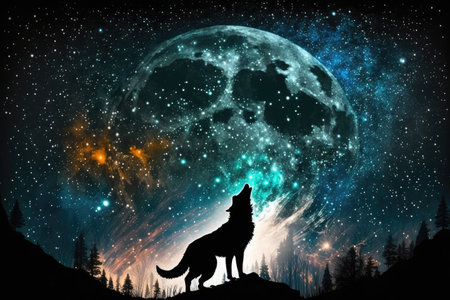 werewolf howling at full moon, surrounded by stars, created with generative aiの素材