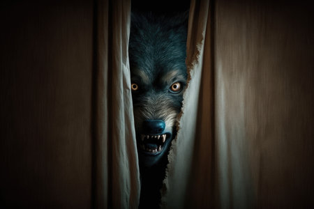 scary werewolf peeking out from behind curtain, ready to attack, created with generative aiの素材
