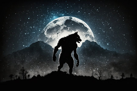 scary werewolf, with full moon and starry night sky in the background, howling at the stars, created with generative aiの素材