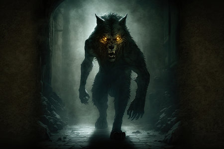werewolf lurking in the shadows, ready to pounce on its unsuspecting prey, created with generative aiの素材