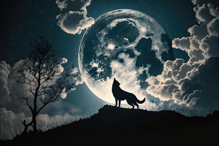 nighttime sky, with full moon shining down and werewolf howling in the distance, created with generative aiの素材