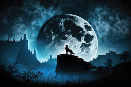 nighttime sky, with full moon shining down and werewolf howling in the distance, created with generative aiの素材