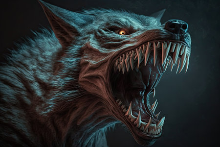 sharp-toothed werewolf teeth bared in horrific snarl, created with generative aiの素材