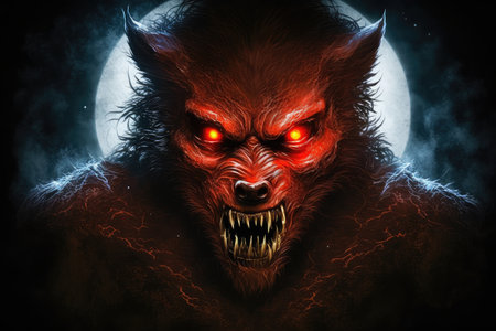 scary werewolf in the full moon, its eyes glowing red, created with generative aiの素材