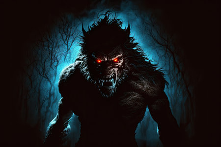 scary werewolf lurking in the shadows, stalking its prey, created with generative aiの素材