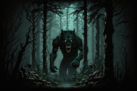 scarywerewolf lurking in dark forest, ready to pounce, created with generative aiの素材