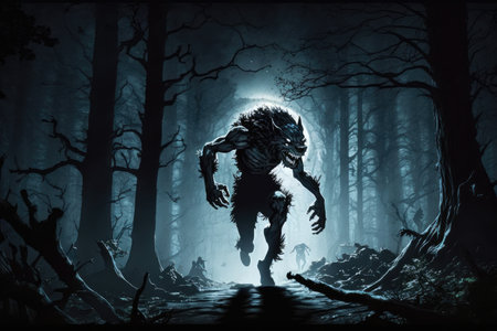 werewolf running through dark forest, with moonlight shining down, created with generative aiの素材