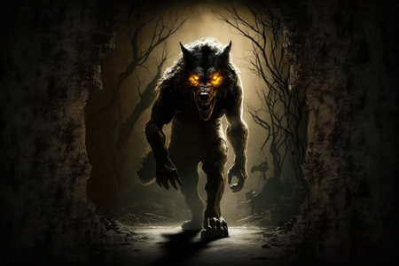 scary werewolf lurking in the shadows, preparing to attack its prey, created with generative aiの素材