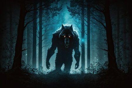 scary werewolf stalking its prey in dark forest, created with generative aiの素材