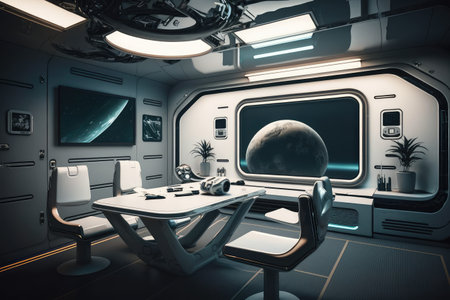 futuristic space station, with sleek and minimalistic design, featuring sleek furnishings and futuristic technology, created with generative aiの素材