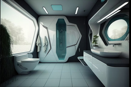 futuristic bathroom with futuristic fixtures and sleek design, created with generative aiの素材