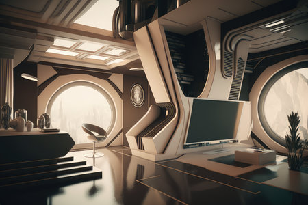 sci-fi futuristic interior, featuring sleek lines and metallic accents for a contemporary design, created with generative aiの素材