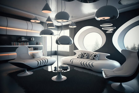 futuristic living room with sleek furniture and floating light fixtures, created with generative aiの素材
