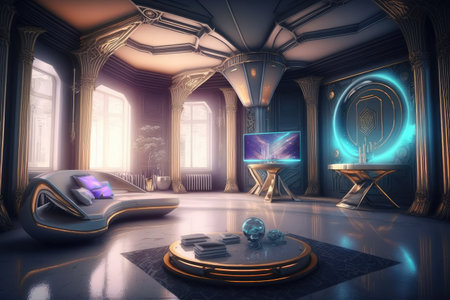 extravagant interior with futuristic elements, such as holographic screens and floating furniture, created with generative aiの素材