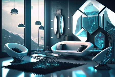 futuristic living room filled with sleek and futuristic furniture, floating screens, and holographic projections, generative aiの素材