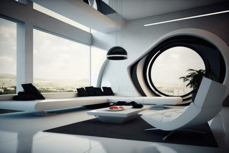 futuristic living room with sleek and minimalist design, featuring floating furniture, created with generative aiの素材
