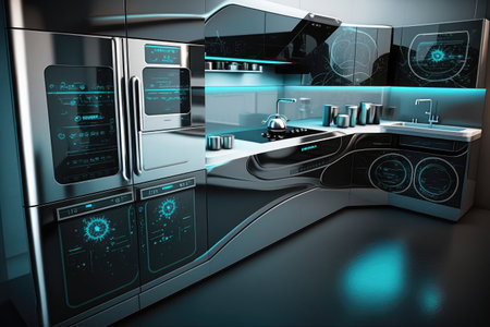 sci-fi futuristic kitchen, with touch screen controls and sleek appliances, created with generative aiの素材