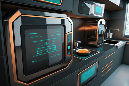 sci-fi futuristic kitchen, with touch screen controls and sleek appliances, created with generative aiの素材