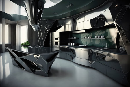 futuristic kitchen, with sleek stainless steel appliances, and black marble countertops, created with generative aiの素材