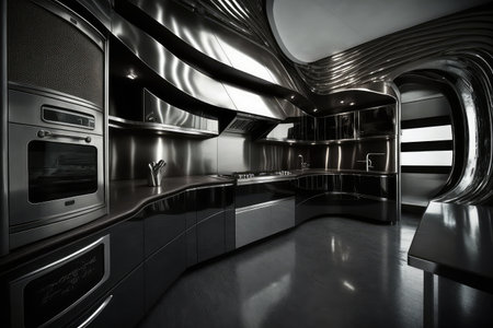 futuristic kitchen, with sleek stainless steel appliances, and black marble countertops, created with generative aiの素材