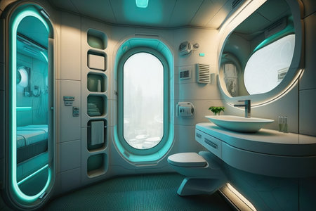 sci-fi futuristic bathroom, with sleek design and technological features, created with generative aiの素材