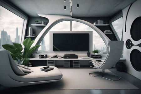 futuristic apartment, with sleek and minimalist design, featuring a variety of technological gadgets, created with generative aiの素材