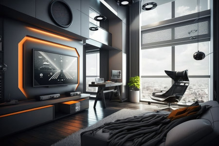 futuristic apartment, with sleek and minimalist design, featuring a variety of technological gadgets, created with generative aiの素材