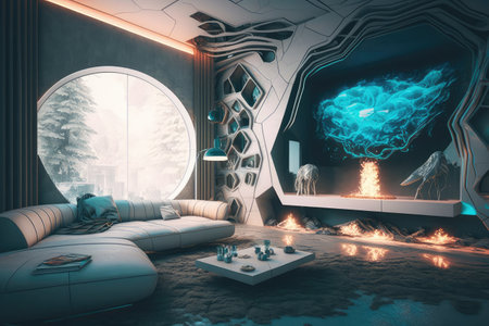 sci-fi futuristic living room with holographic fireplace and floating objects, created with generative aiの素材