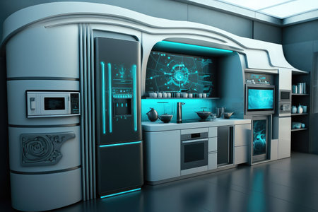 futuristic kitchen, with sleek and futuristic design, featuring state-of-the-art appliances and high-tech gadgets, created with generative aiの素材