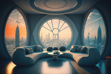 futuristic lounge, with comfy seating and large windows overlooking the city skyline, created with generative aiの素材