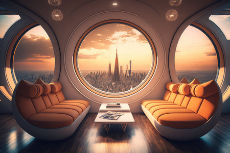 futuristic lounge, with comfy seating and large windows overlooking the city skyline, created with generative aiの素材