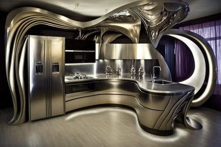 futuristic kitchen with sleek metallic finishes, state-of-the-art appliances, and futuristic lighting, created with generative aiの素材