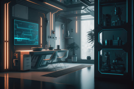 sci-fi interior with sleek and minimalistic style, featuring transparent elements and flowing lines, created with generative aiの素材