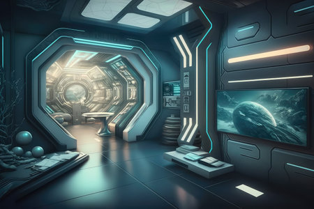 streamlined and sleek sci-fi interior, with holographic interface and floating displays, created with generative aiの素材