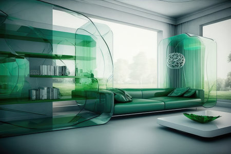 futuristic living room, with transparent walls and floating furniture, created with generative aiの素材