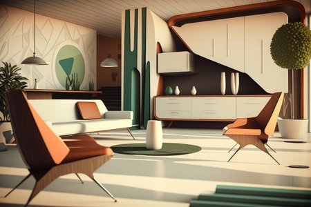 mid-century modern lounge, with sleek lines and minimalist design, created with generative aiの素材