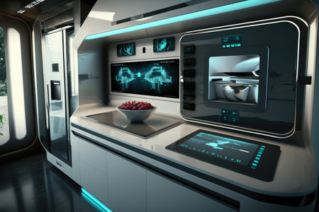 futuristic kitchen with touch-screen controls, robotic appliances, and sleek cabinetry, created with generative aiの素材