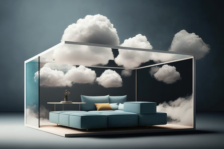 living room with modular furniture, floating on a bed of clouds, created with generative aiの素材