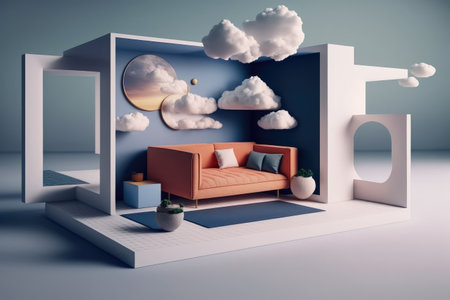 living room with modular furniture, floating on a bed of clouds, created with generative aiの素材