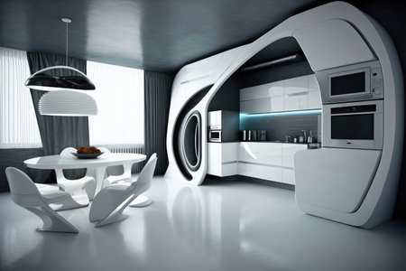 futuristic apartment with sleek and minimalist design, featuring futuristic furniture and hi-tech appliances, created with generative aiの素材