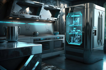 sci-fi futuristic kitchen, with sleek metallic surfaces, advanced technology and holographic displays, created with generative aiの素材
