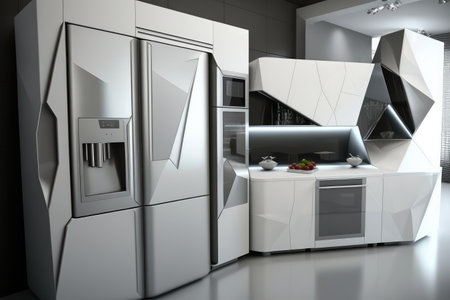 high-tech kitchen with futuristic appliances and sleek finishes, created with generative aiの素材