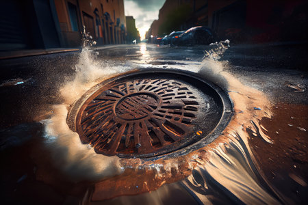 a manhole cover flies off, with a rush of water and debris into the street, created with generative aiの素材